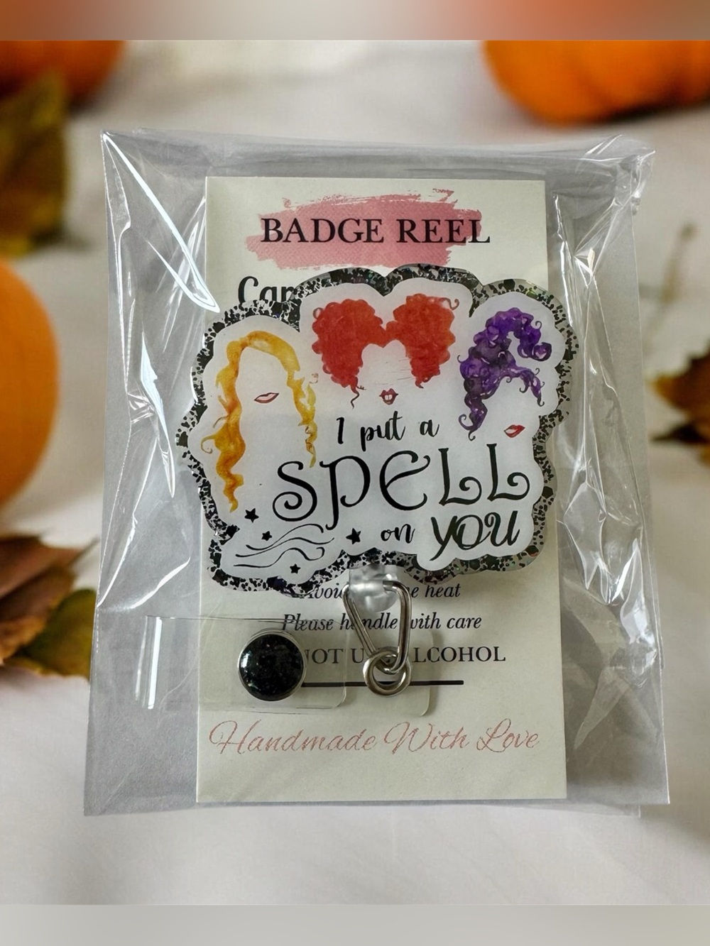 Handmade "I Put a Spell on You" Badge Reel – Orange, Red, Purple